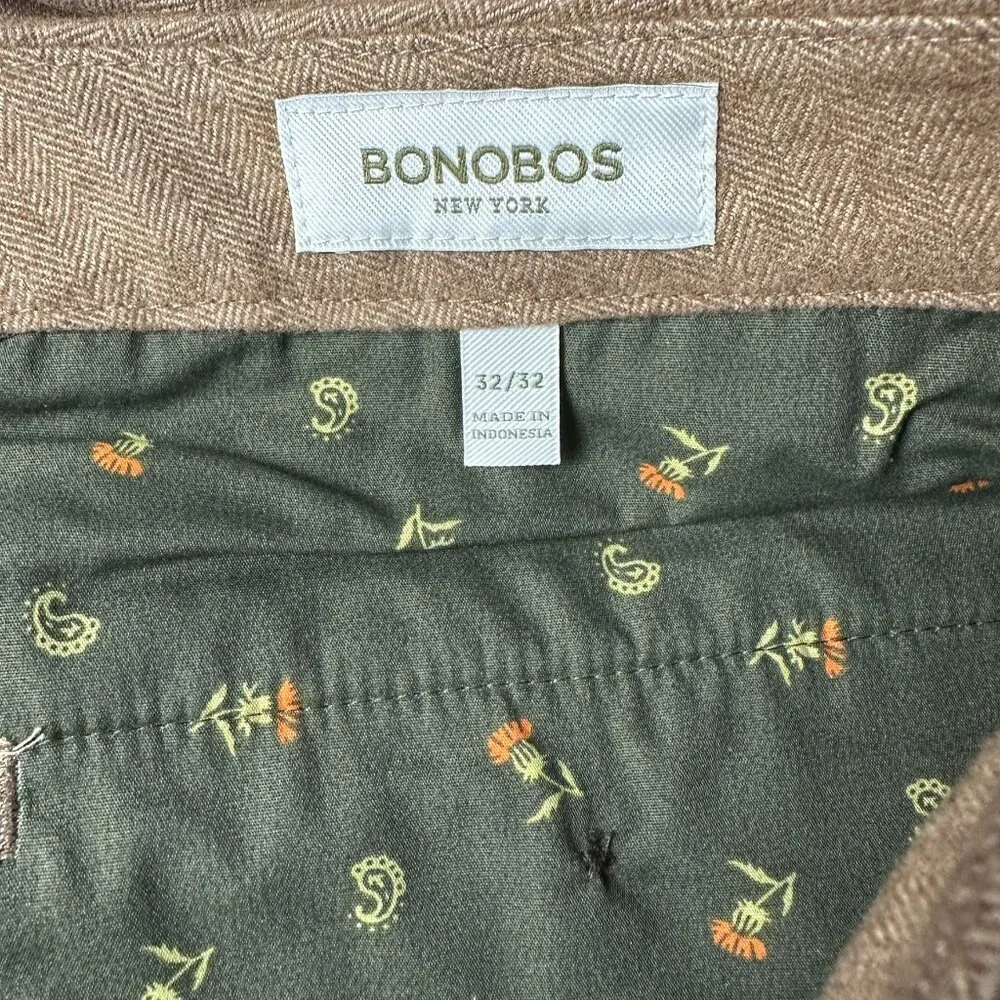 Bonobos Flat Front Brushed Cotton Slim‎ Herringbone Chino, Size W32 x L32, Khaki